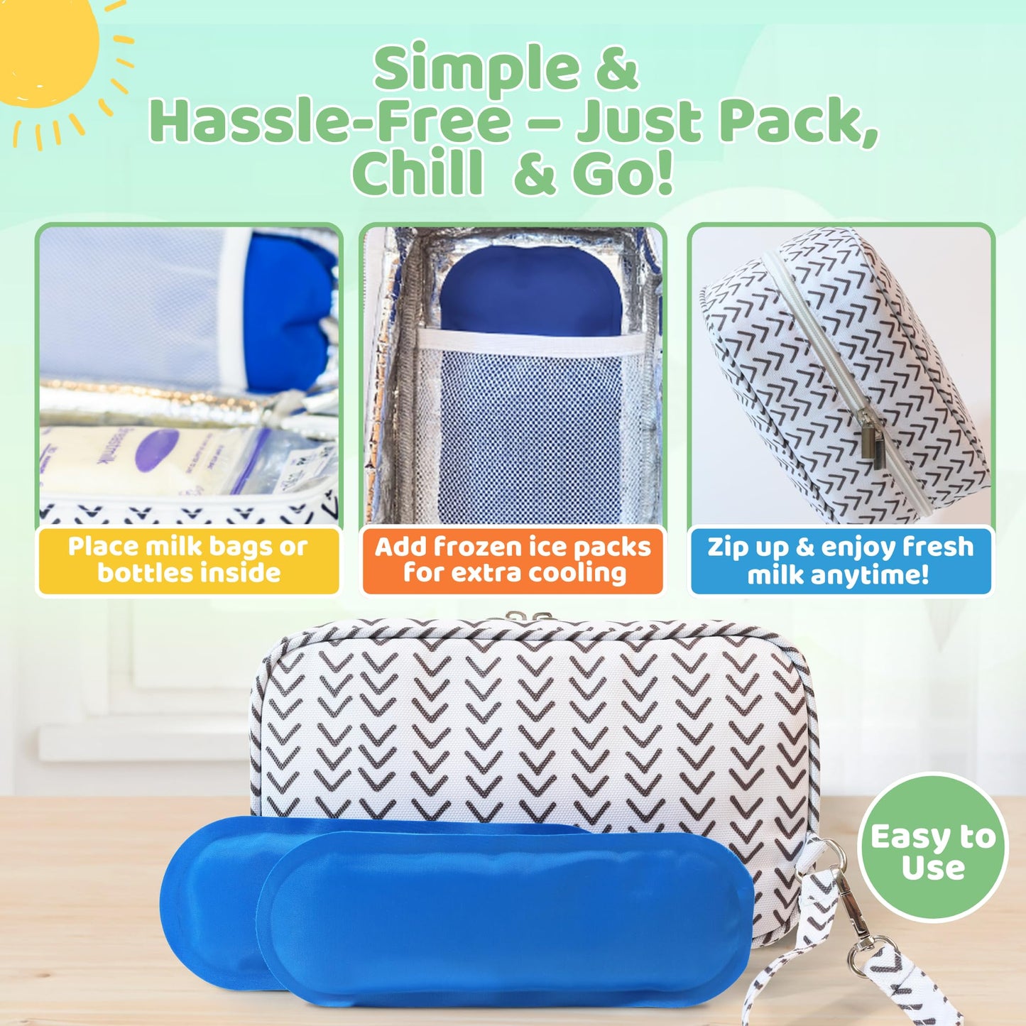 Breastmilk Cooler Bag with Ice Packs – Insulated Travel Bag for Breast Milk Storage – Keeps Milk Cold up to 8 Hours – Portable for Nursing Moms, Daycare, Work, and Travel with Detachable Wrist Strap