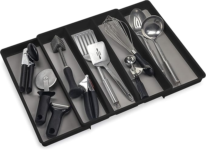 ELTOW Expandable Utensil Drawer Organizer, 5 Compartment Non-Slip & Adjustable Large Utensil Organizer for Kitchen Drawers, Kitchen Organization for Utensils, Flatware Storage Tray (Black)