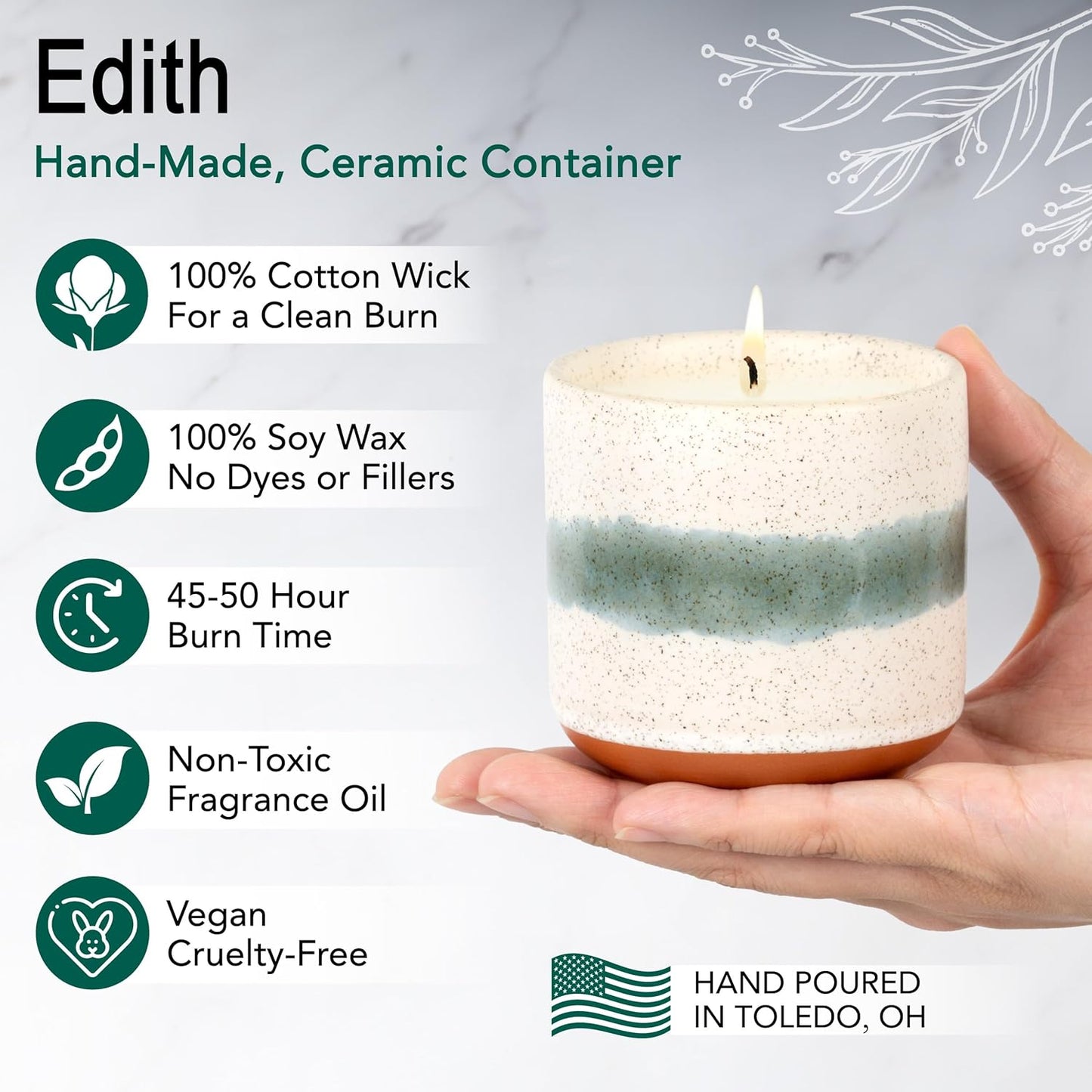 The Growing Candle, Lemongrass Scented, 8.5oz Ceramic Pot, Single Wick Aromatherapy Candles, 100% Soy for Women and Men, Edith
