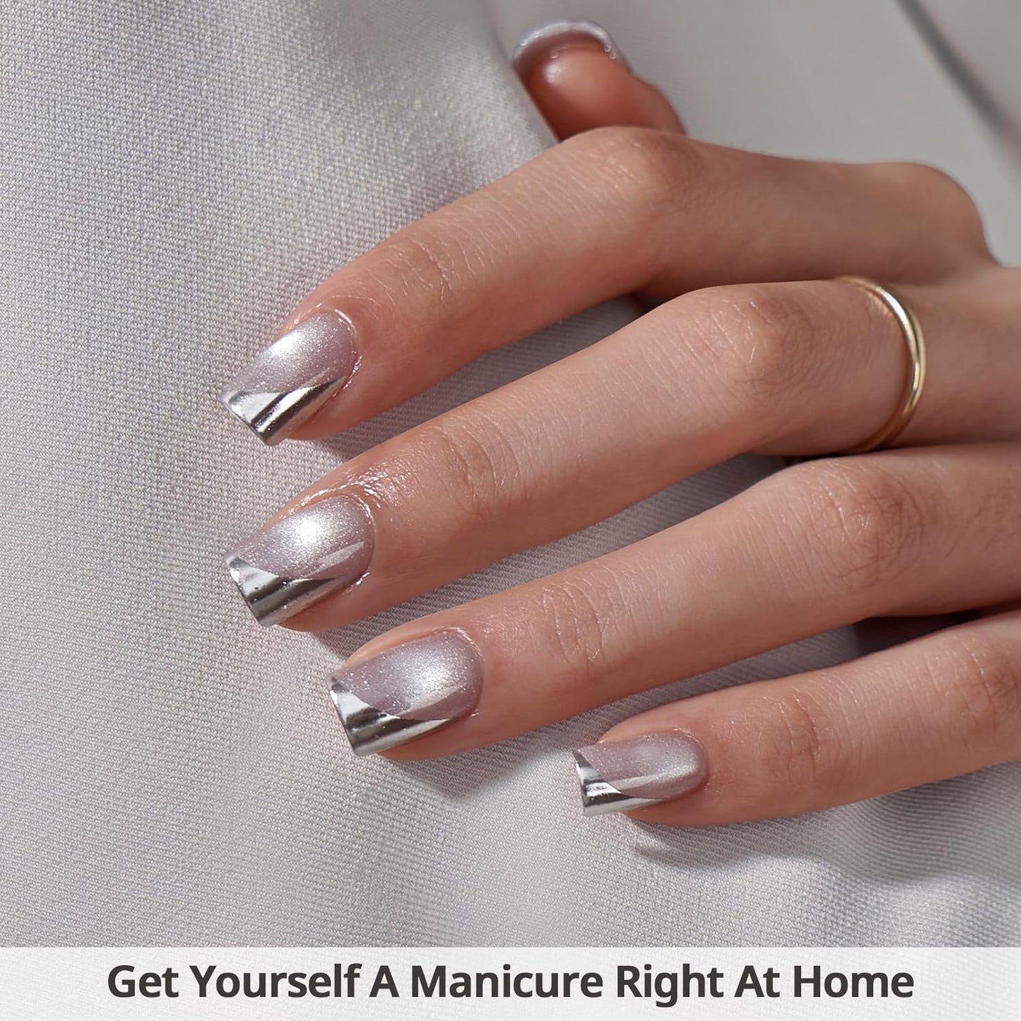 BTArtbox French Tip Press On Nails - Metallic Cat Eye Short Square Press On Nails with Glue for Women, Opaque Soft Gel Glue On Nails in 16 Sizes - 32 Stick On Nails Kit, Gleaming