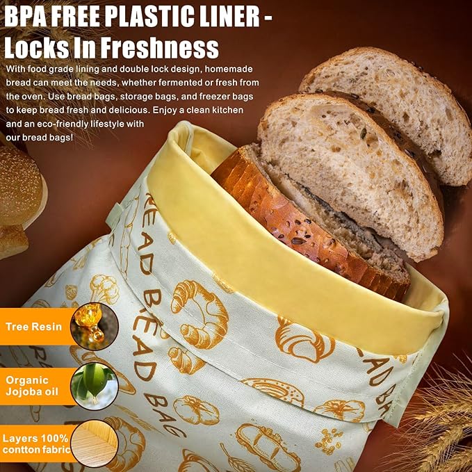 Mosucoirl Beeswax Bread Bags 2 Pack, Reusable Bread Storage Boxes for Homemade Sourdough, Cotton Food Bags Loaf Containers to Keep Fresh Large