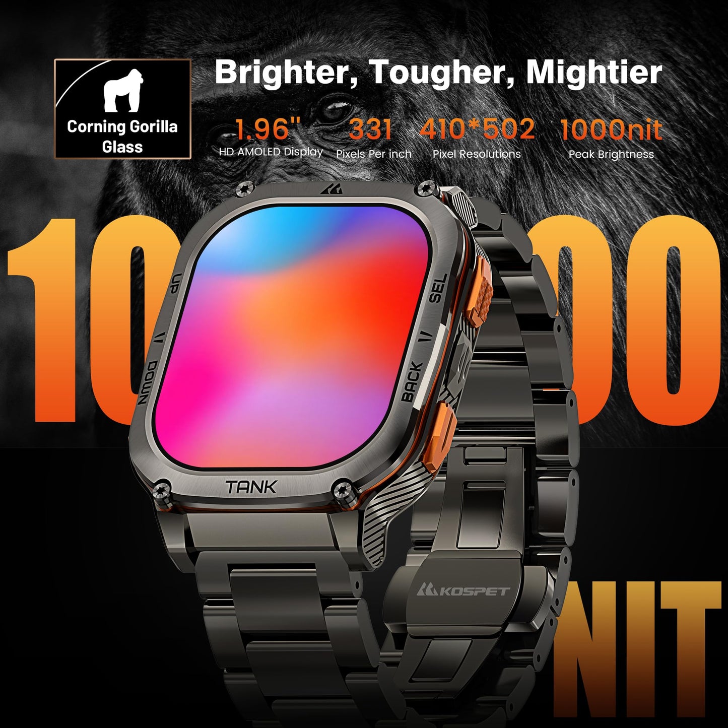 KOSPET Tank M3 Ultra GPS Smart Watch, 50M Waterproof, Compass, Altitude, Air Pressure, 480mAh Large Battery, Stainless Steel, Bluetooth Call, 1.96'' AMOLED Always-on Display, AI Voice, Metal Band