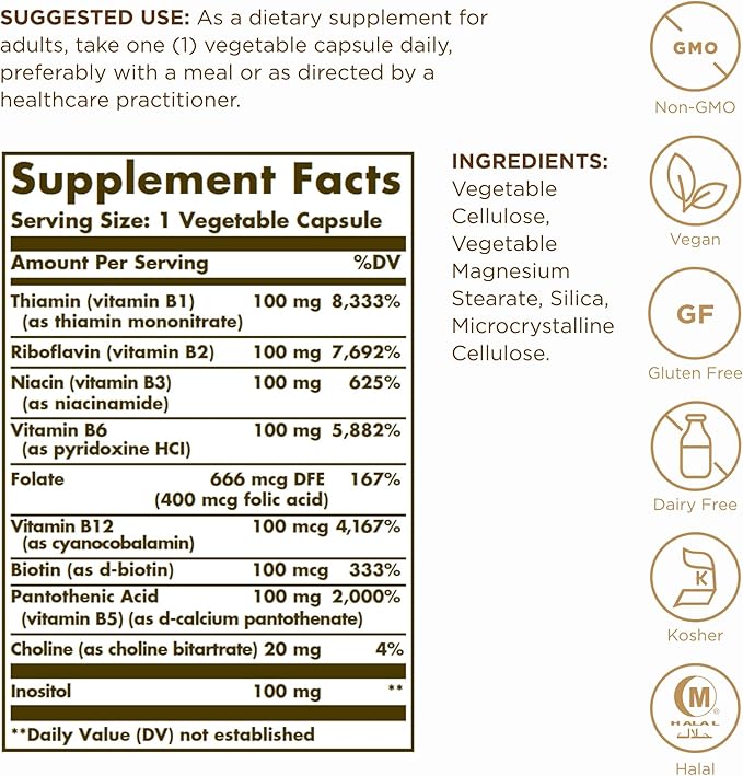 SOLGAR B-Complex 100" - 50 Vegetable Capsules - Energy Metabolism, Cardiovascular Health, Nervous System Support - Non-GMO, Vegan, Gluten Free - 50 Servings
