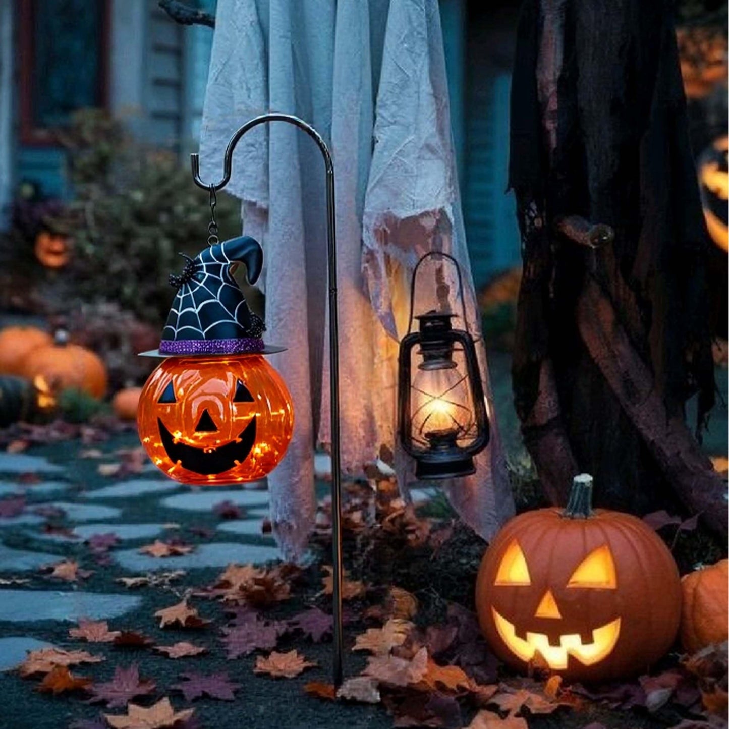 TERESAS COLLECTIONS Glass Solar Lantern, 36in Halloween Decoration, Orange Pumpkin Bats, Model TLS23GS193