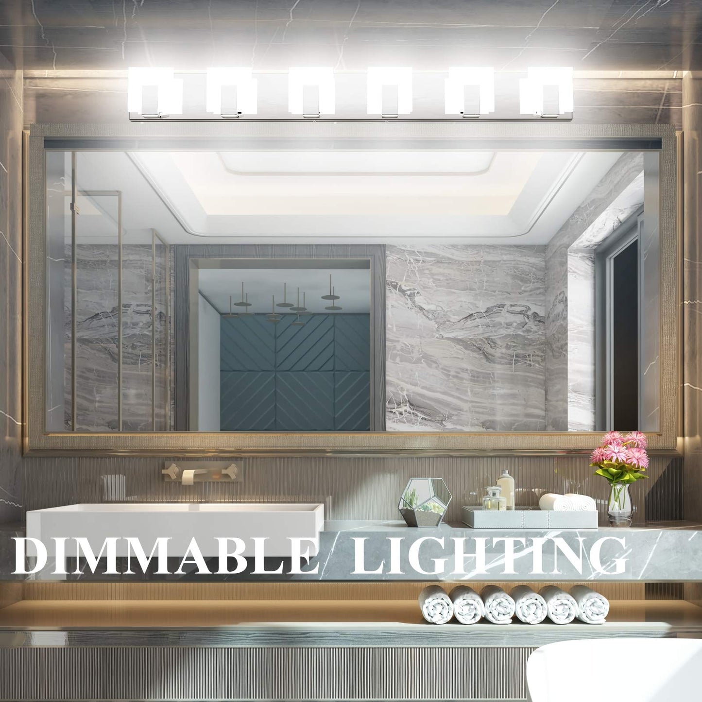Aipsun 6-Light Dimmable Led Bathroom Vanity Light, Stainless Steel Chrome, Model Ca-1105-6T-D, White Light 6000K