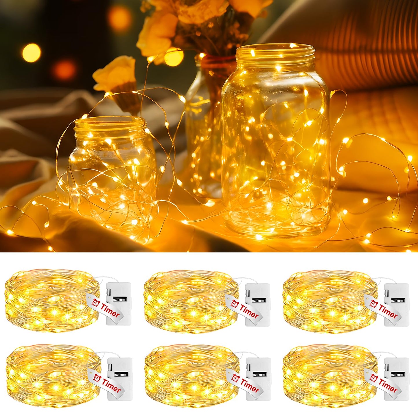 Litogo 6 Pack Fairy Lights, 20 Led Warm White Twinkle Light, 7Ft Waterproof Silver Wire, Battery Operated With Timer For Decor