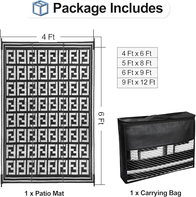 OutdoorLines Outdoor Plastic Area Rugs for Patio 4x6 ft - Reversible Outside Carpet, Stain & UV Resistant RV Mats, Straw Rug for Camping, Deck Garden, Porch and Balcony, Geometry Black & Light Grey