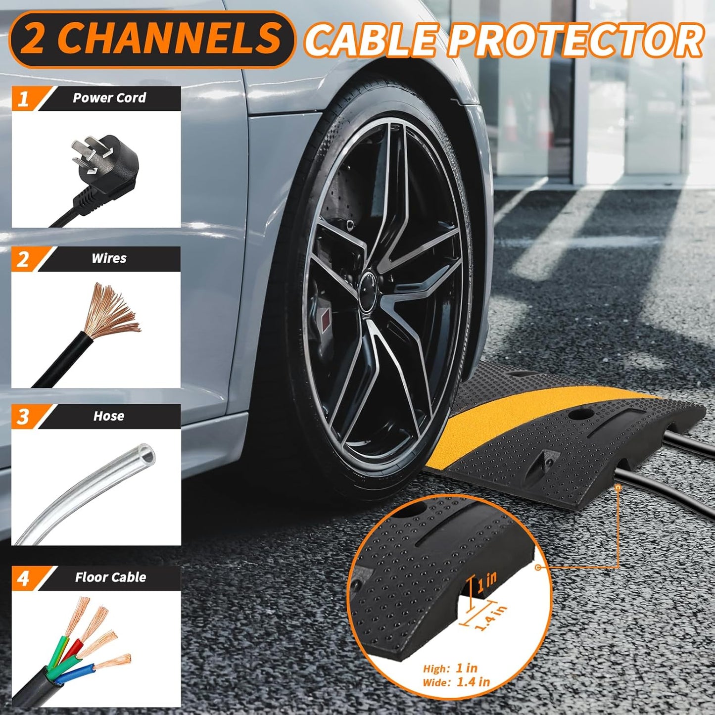 6 Ft Rubber Speed Bumps 2 Pack, Heavy Duty Speed Bumps for Driveway Rubber Gravel Road Asphalt Parking, Modular Driveway Speed Bumps Cable Protector Ramp with 8 Bolts Spikes