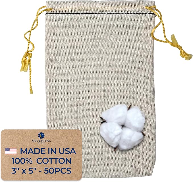 Celestial Gifts Muslin Bags - Double Drawstring Bags Small 50pcs - 3x5, Reusable Tea, Jewelry. Gift, Spice and Sachet Bag - 100% Cotton - Made in USA - (Black Hem & Yellow Drawstring)
