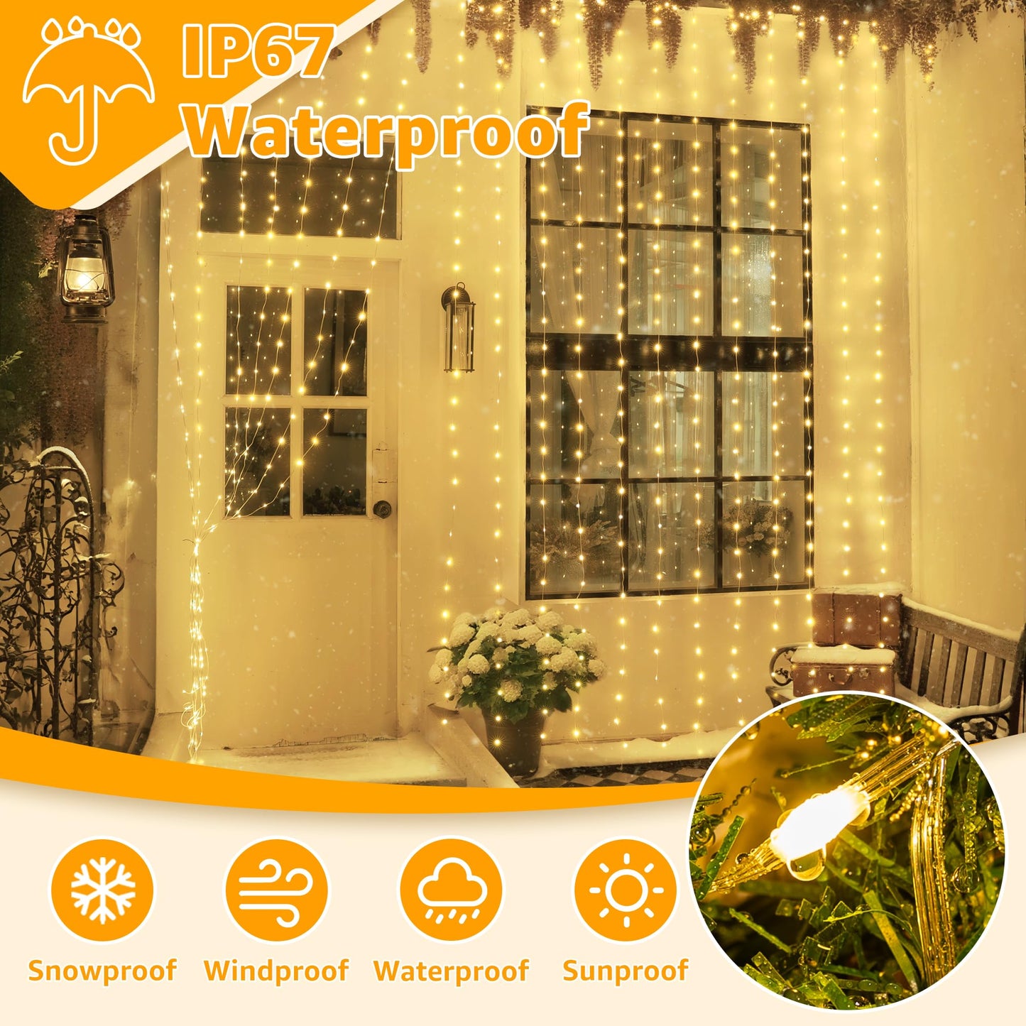 Ollny Curtain Lights 600Led 19.7Ft X 9.8Ft  Ip67 Waterproof Outdoor Curtain Rice Lights With Remote  Plug-In Untangle Rice Curtain Light With 8 Modes 3 Timers For Wall Backdrop Decor(Warm White)