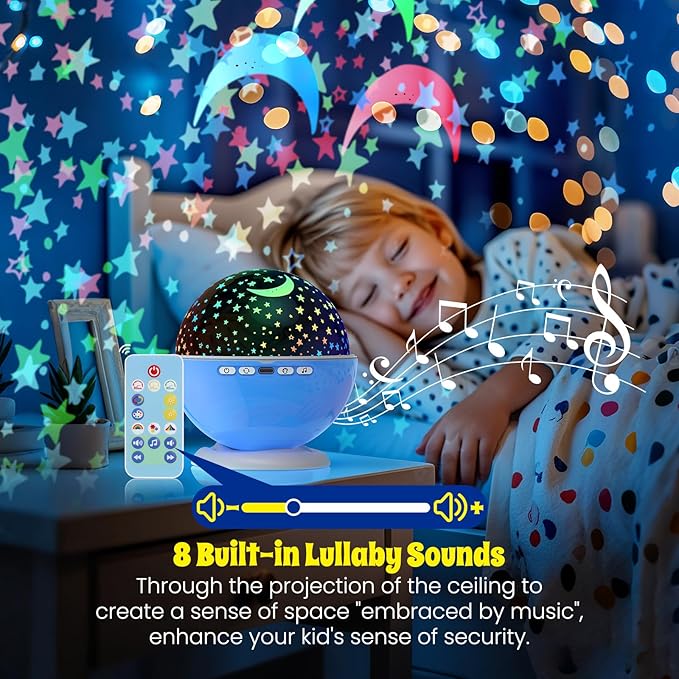 Night Light Projector,Night Light for Kids Room with Remote and Timer,360° Rotation,3 Projection Films,18 Light Modes,8 Lullaby Songs,Kids Night Lamp, Birthday Christmas Gifts for Boys Girls (Blue)