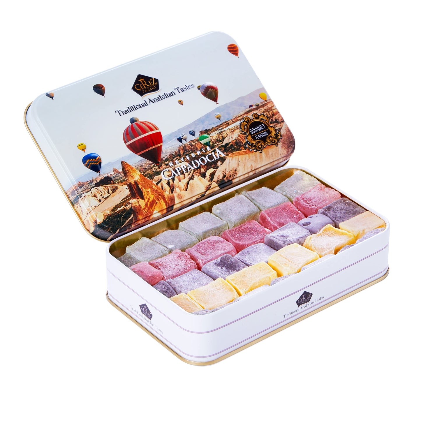 Cerez Pazari Turkish Delight Candy Gift Basket 13.2 oz  Luxury Lokum Dessert Gourmet Christmas Holiday Corporate Food Gifts in Elegant Tin Box  Thanksgiving  Halloween  Birthday with 5 Unique Flavors (No Nuts) Approx. 25 Pcs