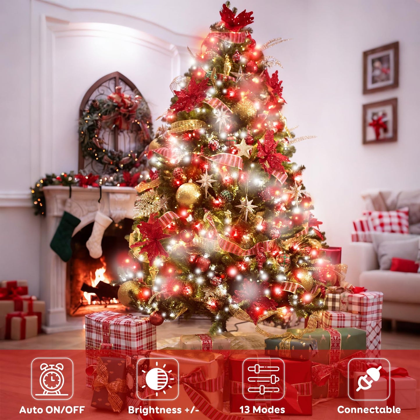 88Ft 240Led Extra-Long Connectable String Lights Indoor Outdoor Clear Wire  Red&White Christmas String Lights  Plug In Twinkle Fairy Light With Timer For Wedding Patio Tree Yard Christmas Decorations