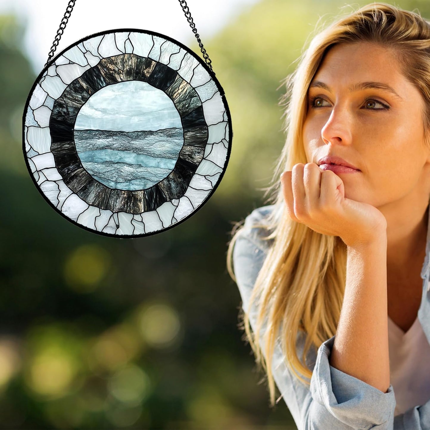 Stained Glass Window Hanging - Abstract Sea Surface Suncatcher for Doors Garden Patio Round Sun Catchers Decor Christmas Mother's Day Birthday Gifts for Women Men Mom Nana Friend 6.3 in