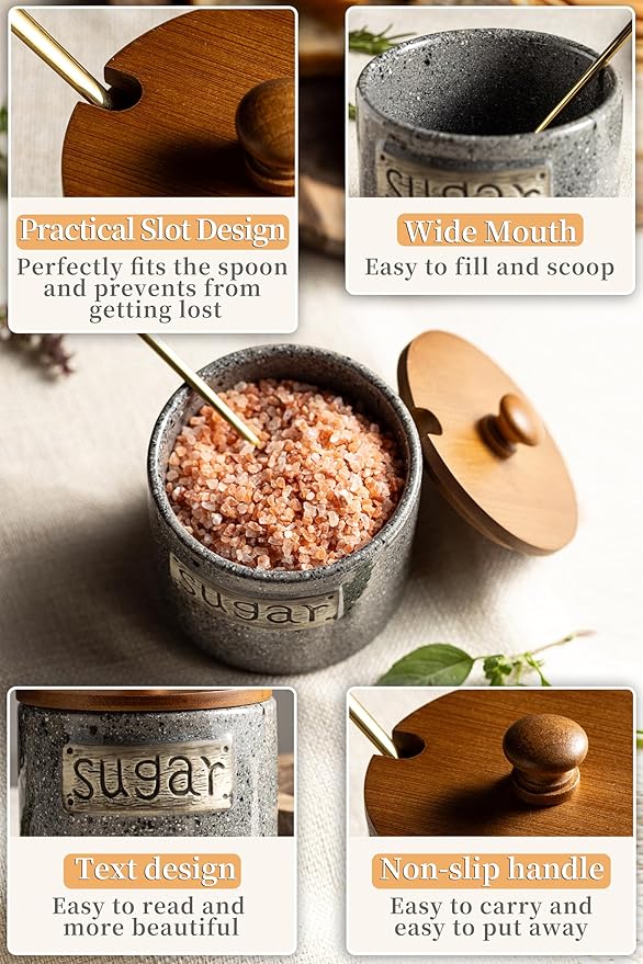 LYEOBOH Sugar Bowl with Lid and Spoon, Sugar Jar Porcelain Salt Bowl with Wood Lid and Stainless Steel Spoon,Ceramic Sugar Bowl 15oz Coffee Canister Kitchen Decor, Grey
