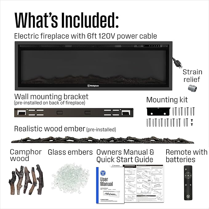 Westinghouse 50 Inch Electric Fireplace Heater, Compatible with Alexa & Google Home, Wall Mount or in-Wall Recessed Fireplace Insert, 24 Hour Timer, Color Changing Flames, 750W/1500W Indoor Heater