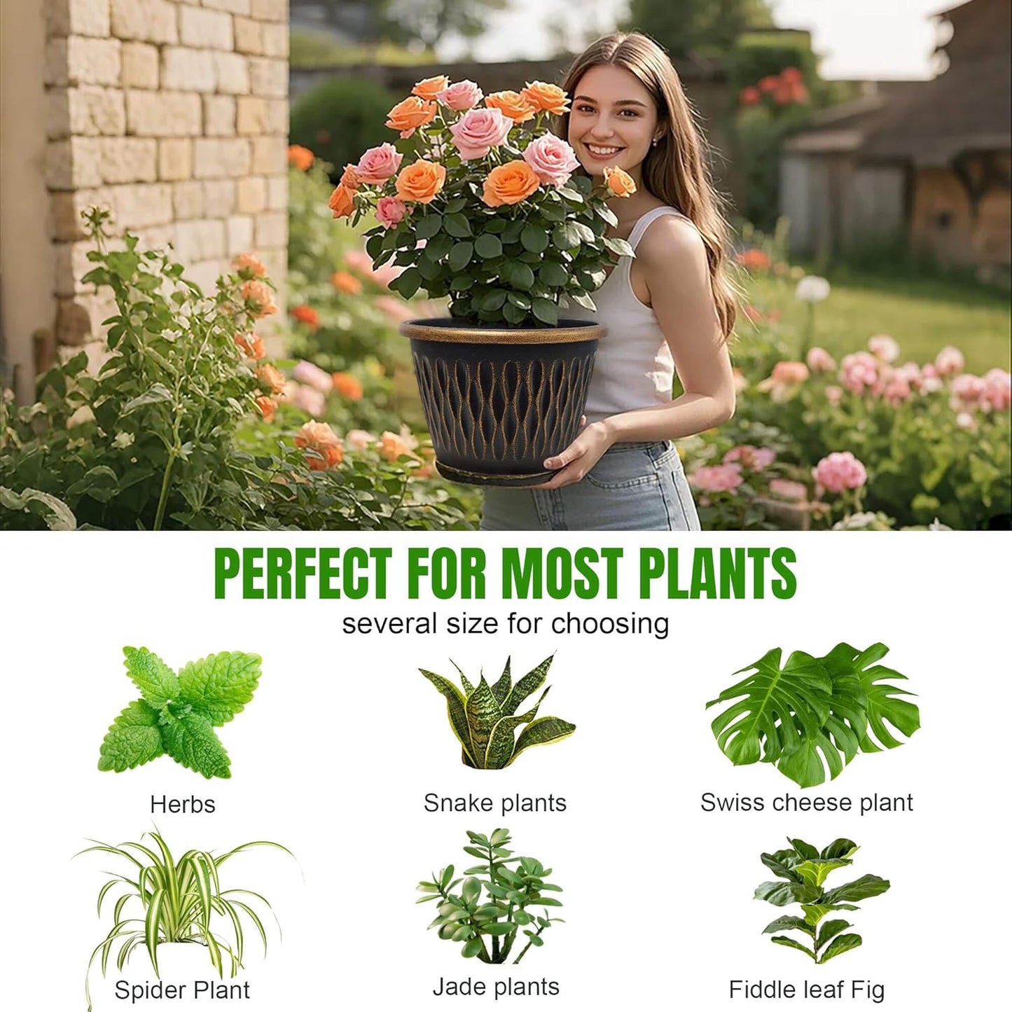 4 Pack 10 Inch Retro Plant Pots, Vintage Striped Flower Pots with Drainage Hole & Saucer, Large Plastic Planters for Indoor and Outdoor Plants, Decorative Garden Pots(Gold)