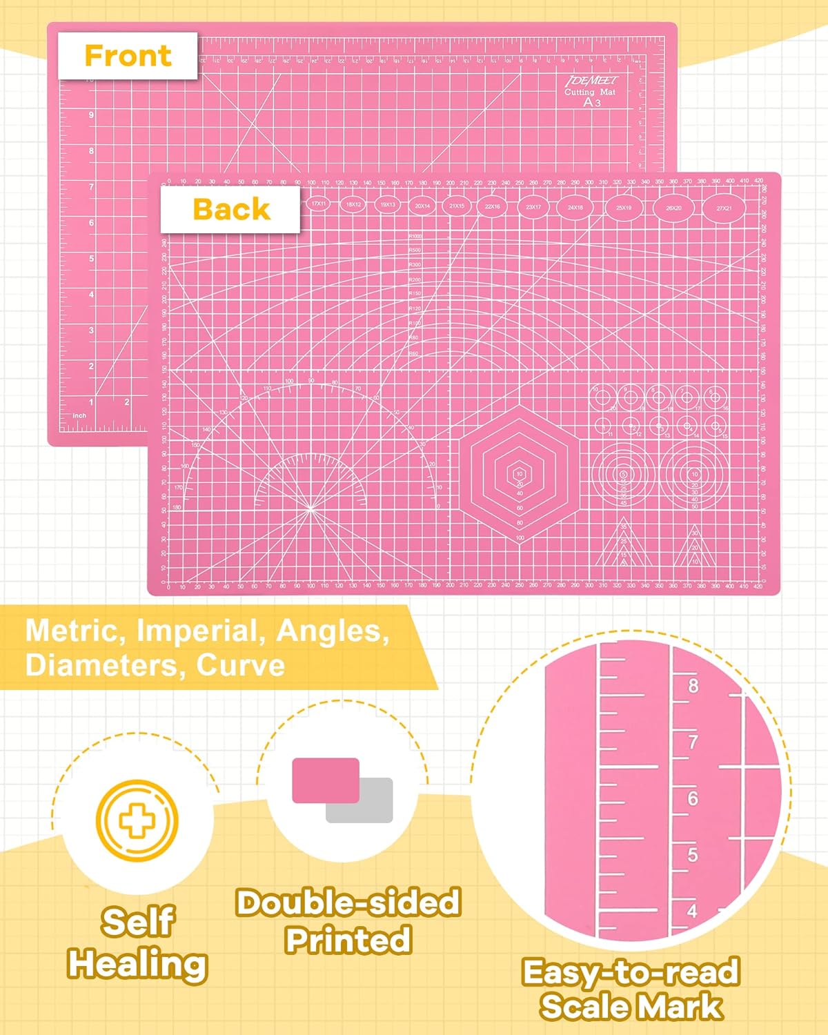 Density-upgraded 18"x12" Self Healing Cutting Mat, Idemeet Rotary Sewing Mat for Crafts, 5-Ply Blade Table Protector Cut Board for Fabric Leather Cutting Quilting Modeling Hobby Project, A3, Pink