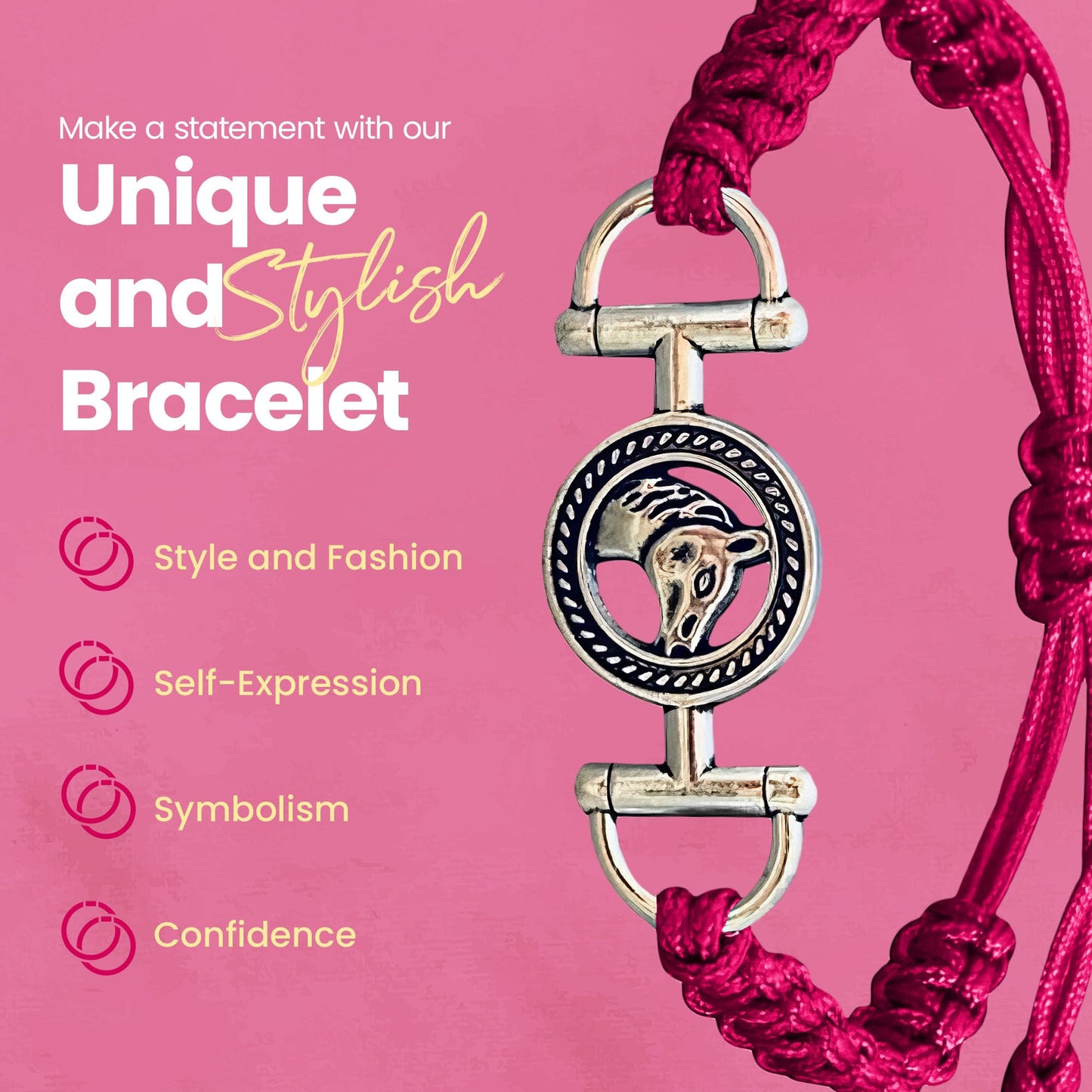Sportybella Womens Horse Bit Charm Bracelet (Pink) Horse Lovers Equestrian Jewelry - Adjustable Friendship Braided String Stirru