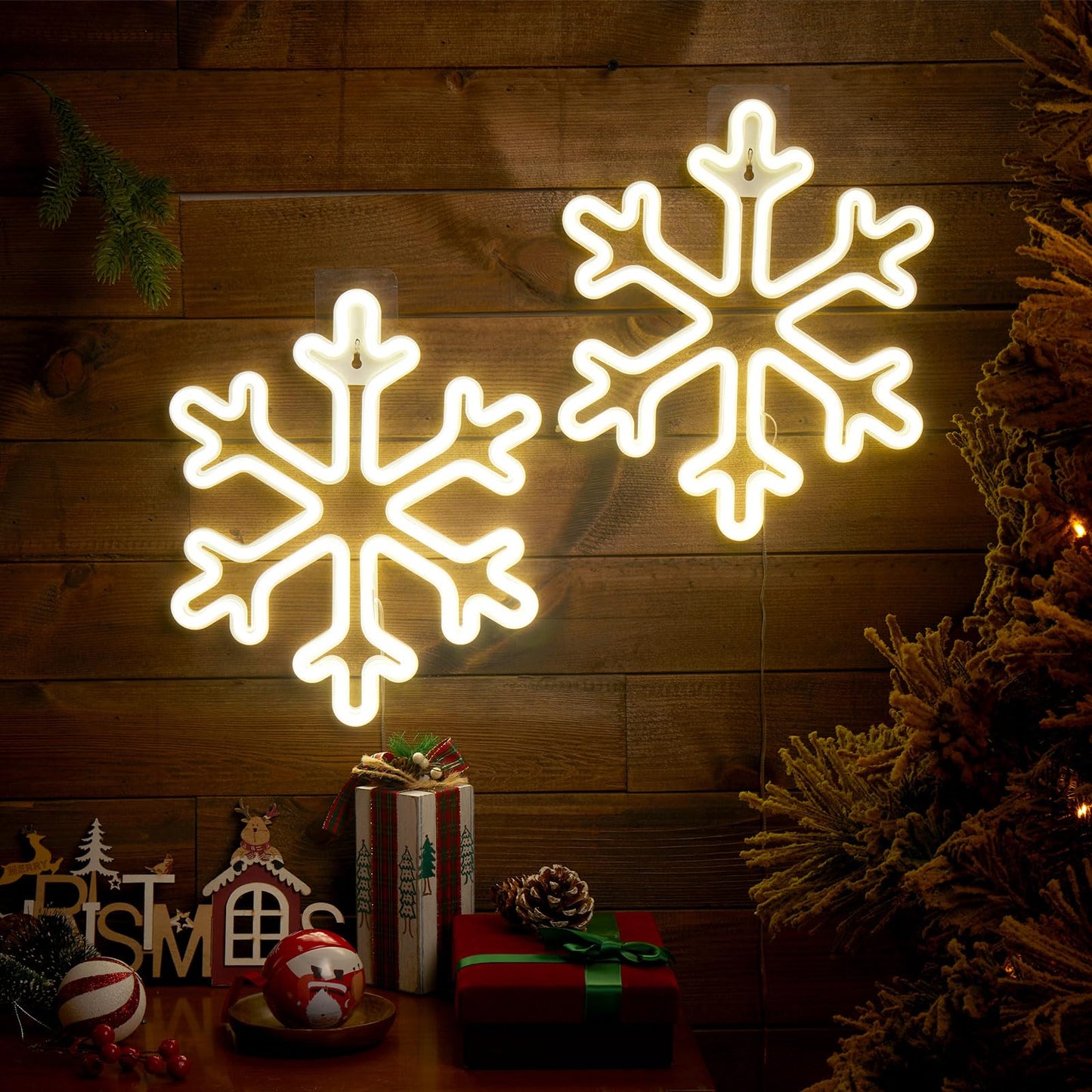 Vihose 4 Pcs Large Christmas Window Snowflake Lights 12 Inches Battery Powered Led Neon Hanging Lights Snowflake Shaped Sign Decorations For Xmas Tree Holiday Wall Porch Indoor Outdoor Decor