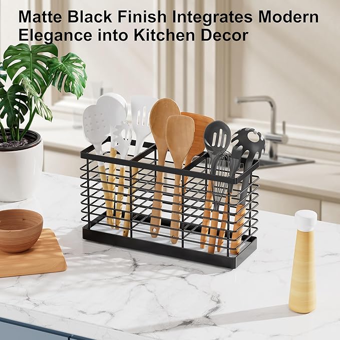Utensil Holder for Kitchen Counter, Kitchen Utensil Holder for Countertop with Diatomaceous Earth Base, Large Cooking Utensil Organizer with 3 Compartments for Spatula Storage, Metal/ Black