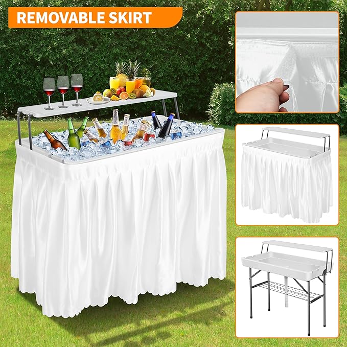 Portable Folding Ice Cooler Table - 2 Tier Outdoor Cooler Table with Removable Matching Skirt and Shelf, Ice Tables for Party, Camping, Picnic, Foldable Self-Serving Beverage Cooling Bar(White)
