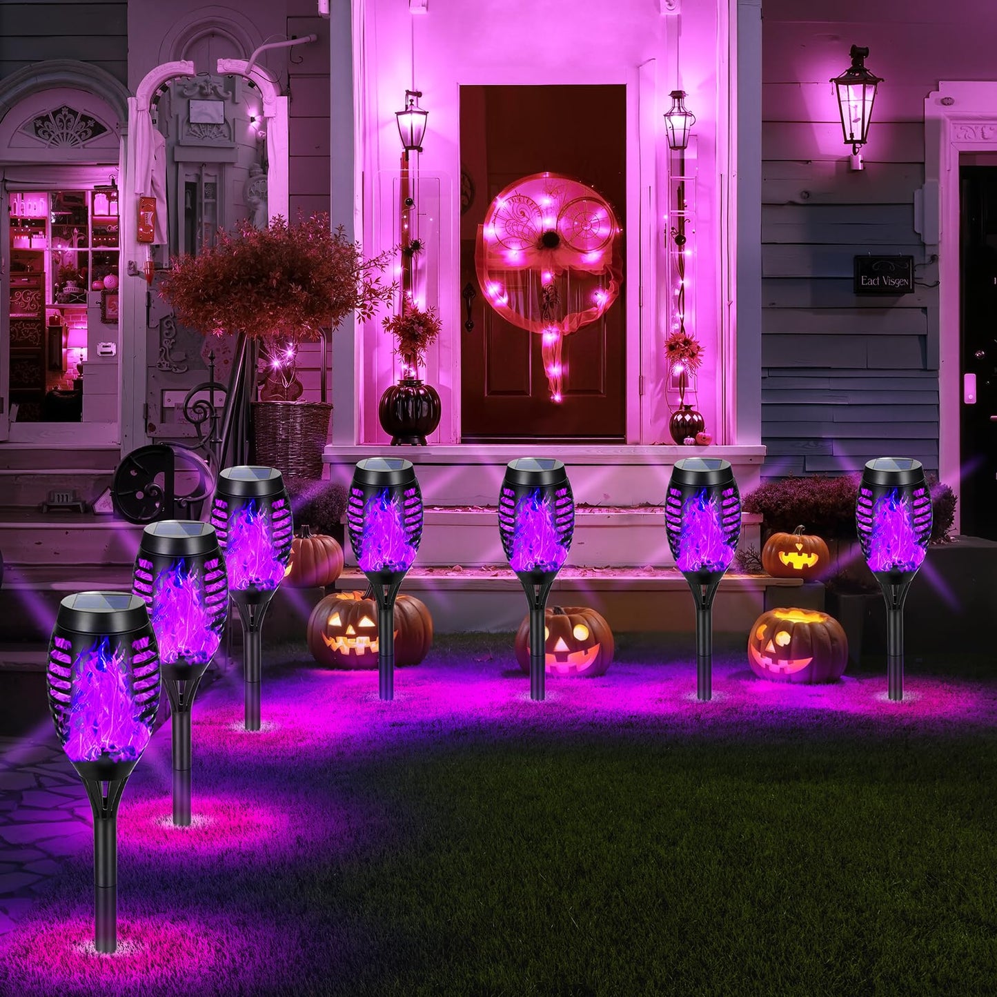 AOUNQ Solar Torch Lights Outdoor, 10 Pack Purple Flickering Flame, Waterproof Tiki Torches for Garden Decor, Model AO-USA 03-10P