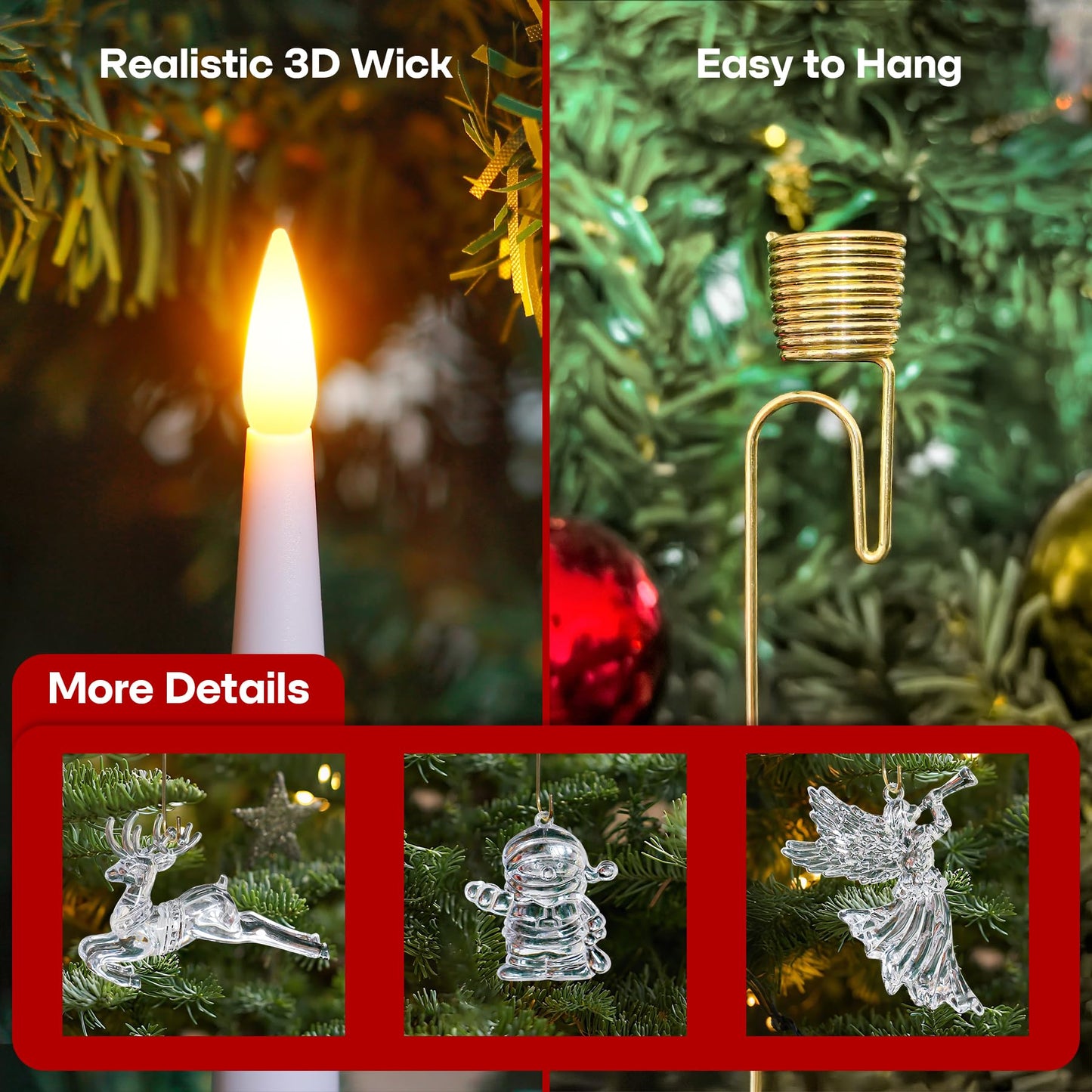 Yeelida Pack of 12 Flickering Remote 0.5" x6" LED Short Taper Candles with Snowman Reindeer Fairy Hooks, Battery Operated Timer Window White Plastic Flameless Candlesticks for Holiday Decor