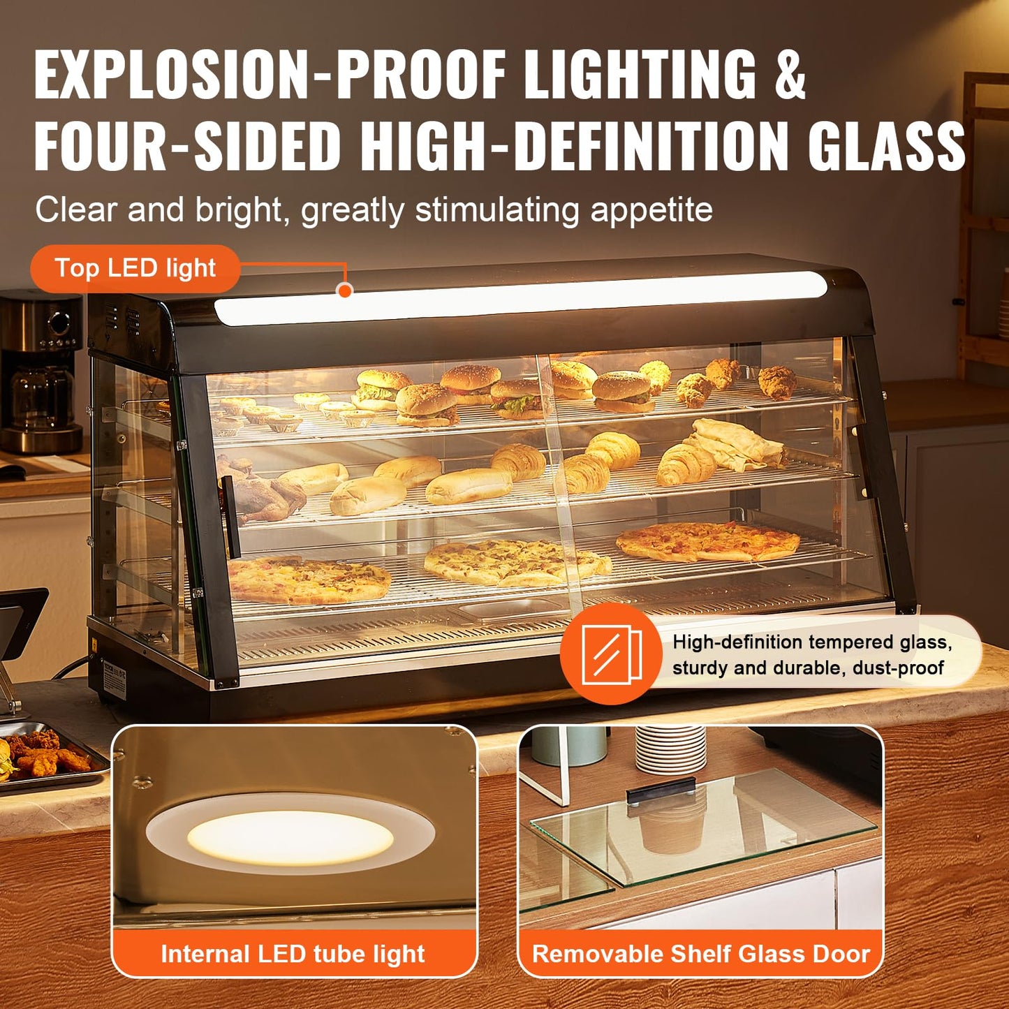 VEVOR 3-Tier Commercial Food Warmer Display, 1500W Food Display Warmer with Light, Adjustable Shelf and Temperature Display, 86℉~185℉ Steam Heating, 180L for Hamburger, Pizza, Bread, Fried Chicken
