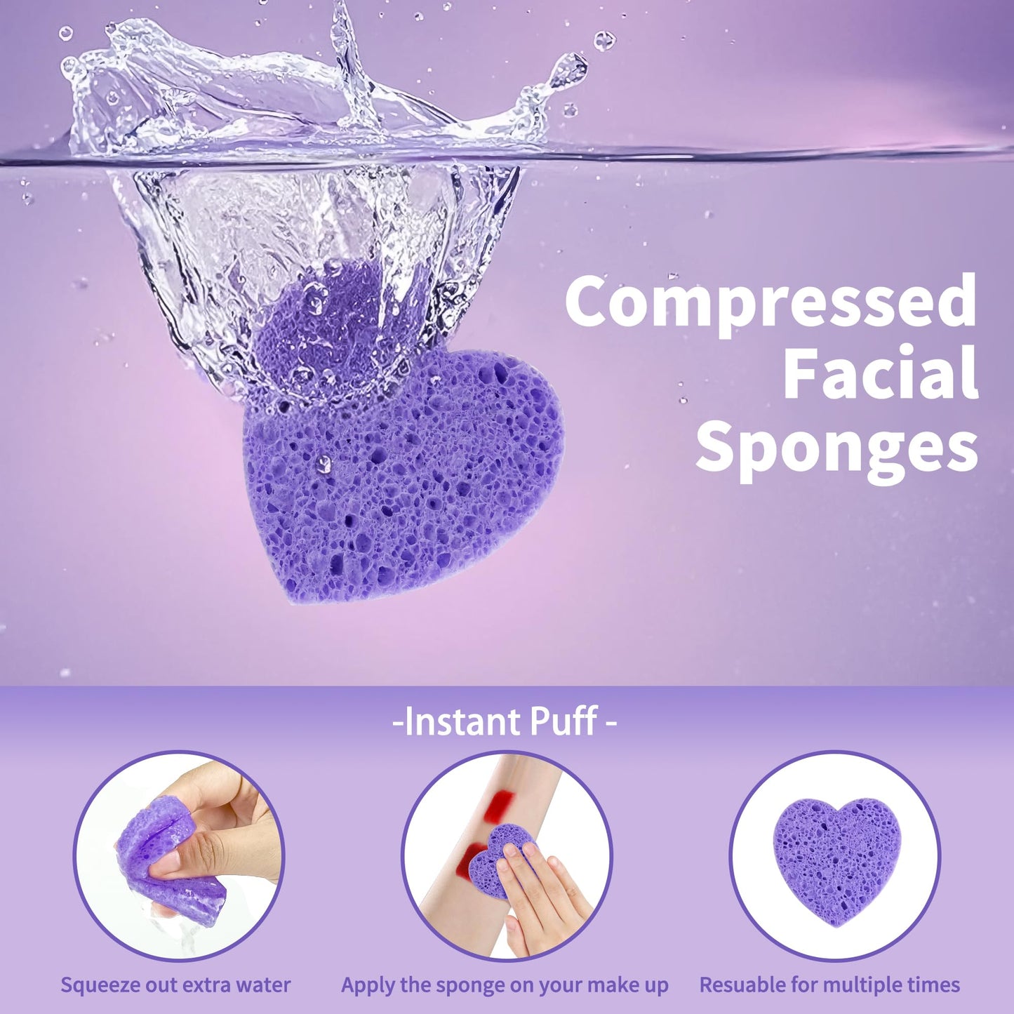 100-Count Compressed Facial Sponges, Heart Shape Face Sponge for Cleansing, Natural Cosmetic Spa Sponges for Facial Cleansing, E