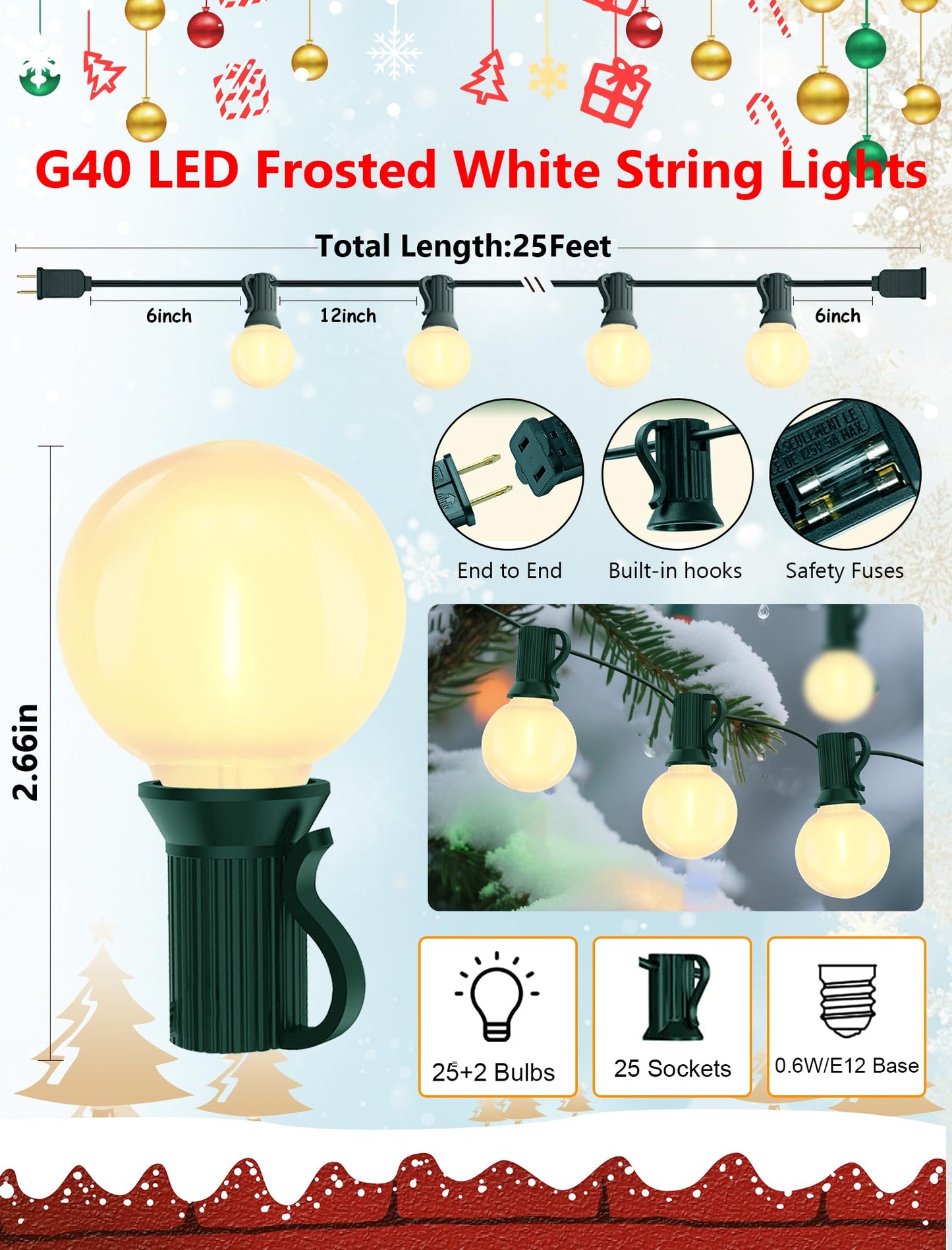 GOOTHY 25Ft Dimmable G40 LED Patio String Lights, Frosted White Globe Bulbs, Green Wire, Waterproof Outdoor Christmas Decorations
