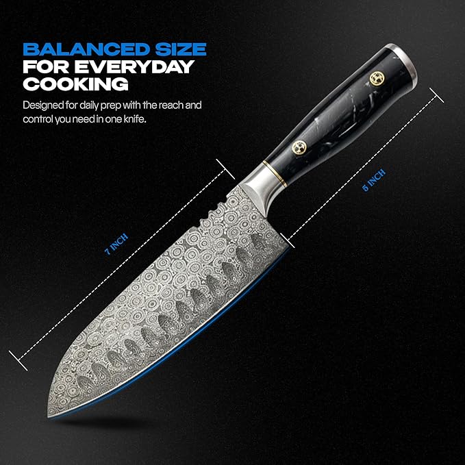 Handmade Damascus 7" Santoku Knife - Lightweight Japanese Style Kitchen Knife for Fast Chopping, Sharp 133-Layer Blade, Ideal Damascus Chef Knife for Daily Use