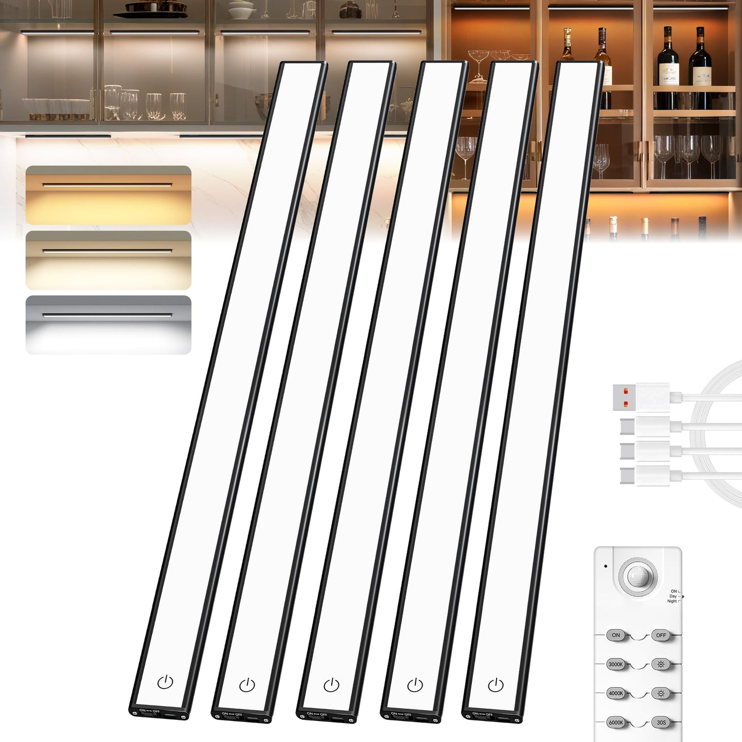 Under Cabinet Lighting,204 LED Wireless Motion Sensor Light Indoor, Rechargeable Closet Lights Battery Operated,Dimmable & 3 Col