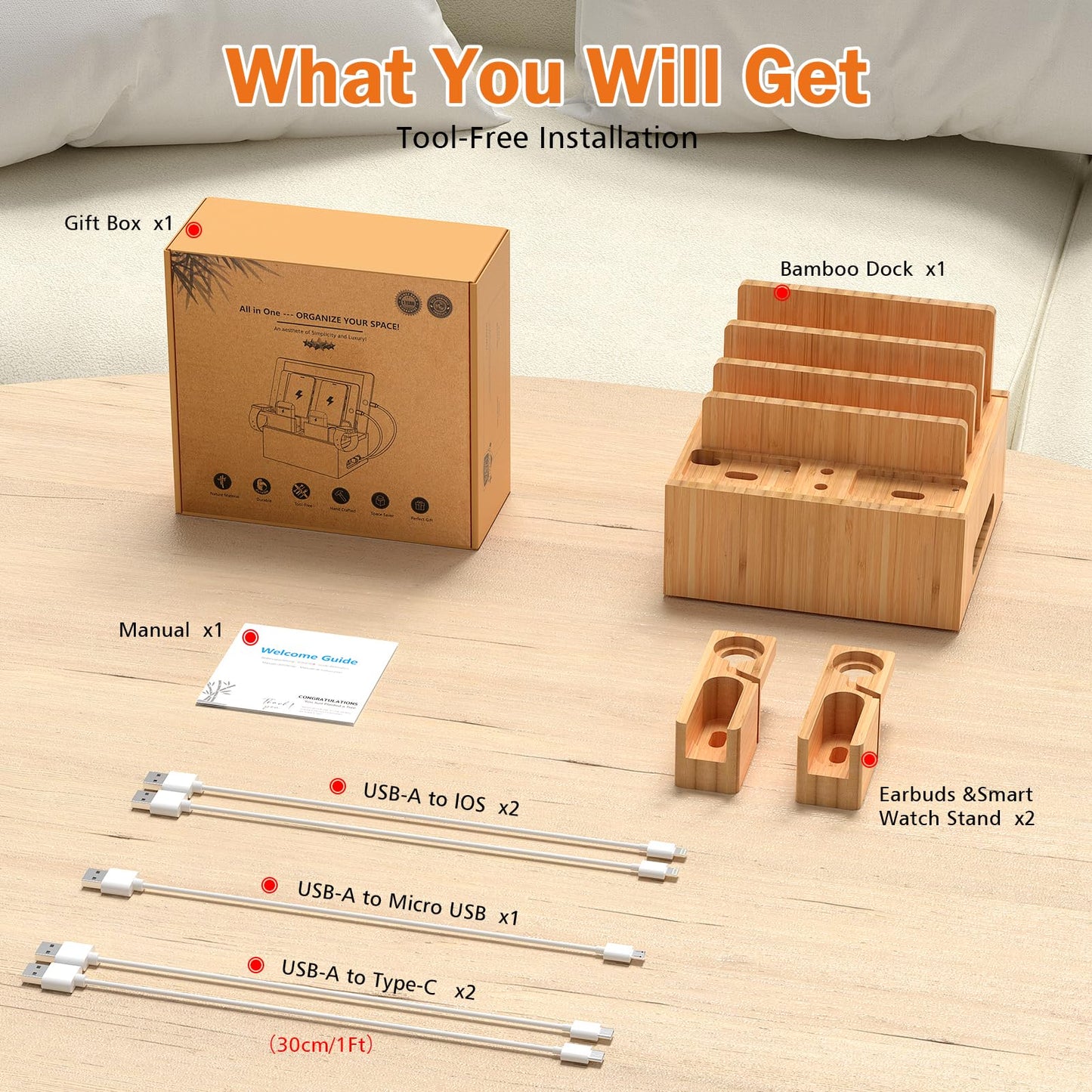Pezin & Hulin Bamboo Charging Station Organizer For Multiple Devices, Desktop Docking Station Compatible With Phone, Tablet, Ear