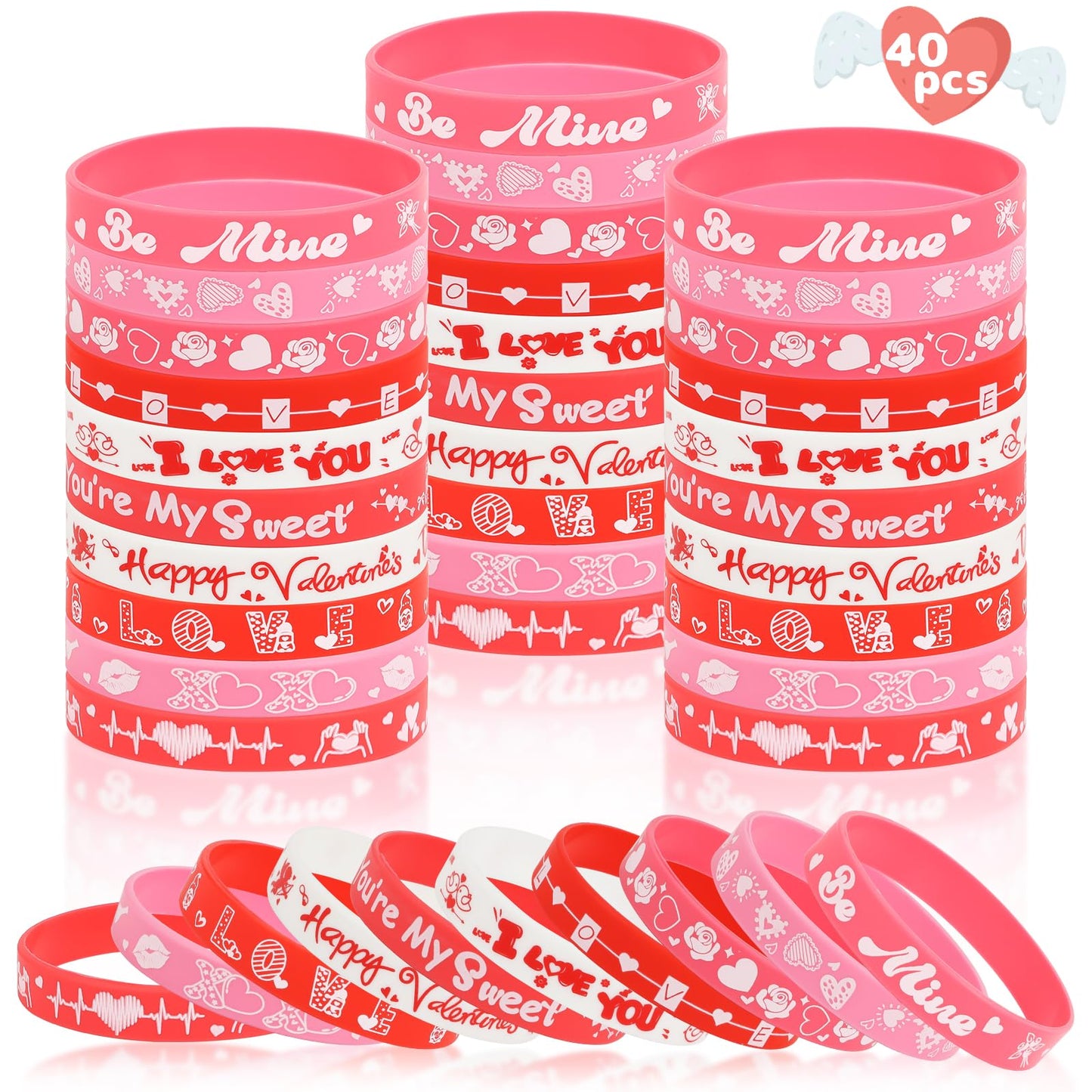 CCINEE 40Pcs Happy Valentines Day Rubber Bracelet Bulk Colorful Valentine's Day Silicone Wristbands Pink Red Love Heart Rubber B