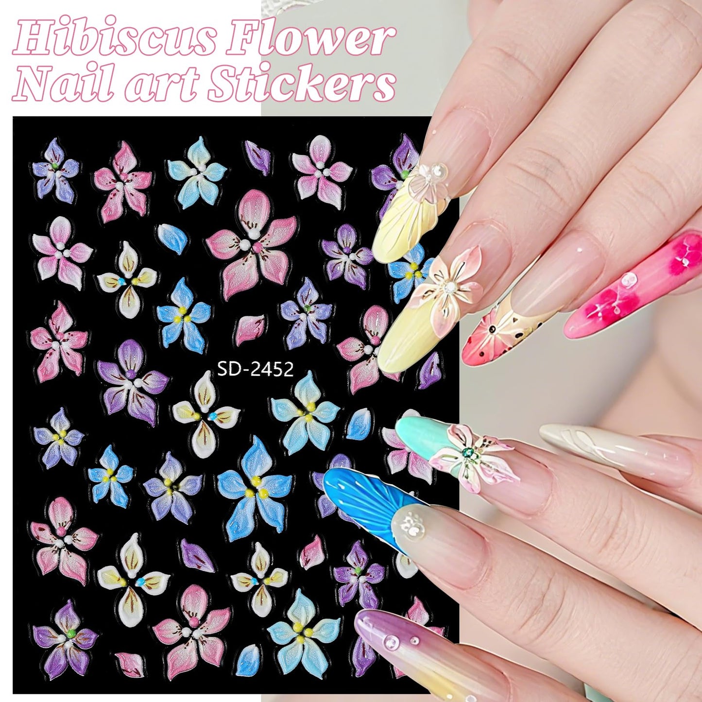 Hawaii Flower Nail Stickers 6 Sheets 5D Embossed Floral Nail Decals Pink Blue Hibiscus Nail Art Stickers for Women DIY Manicure