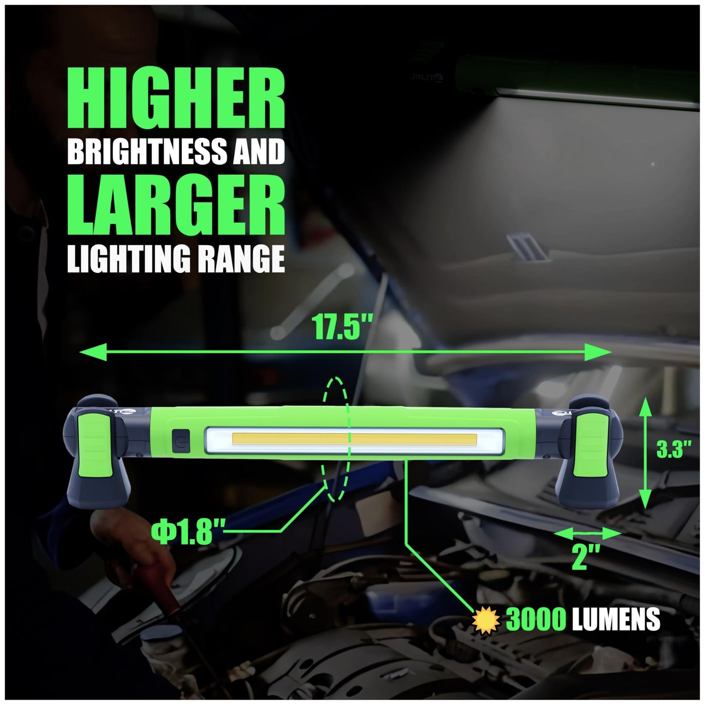 JINLITE Magnetic Work Light - 3000LM Rechargeable LED Work Light Bar, 5200mAh Under Hood Mechanic Light for Garage, Workshop, Vehicle Inspection (1 Pack Green)