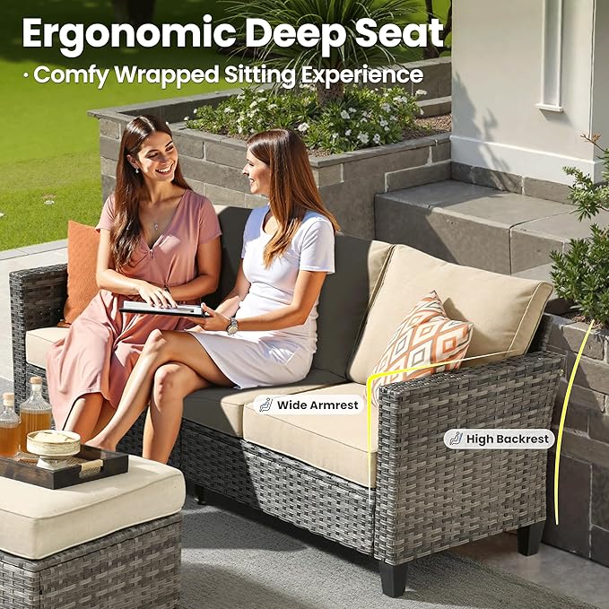 ovios 8 Pieces Patio Furniture Set with 30" Fire Pit Table, Outdoor Wicker Sofa with Comfy Cushions, All Weather High Back Rattan Couch Conversation Set, Beige