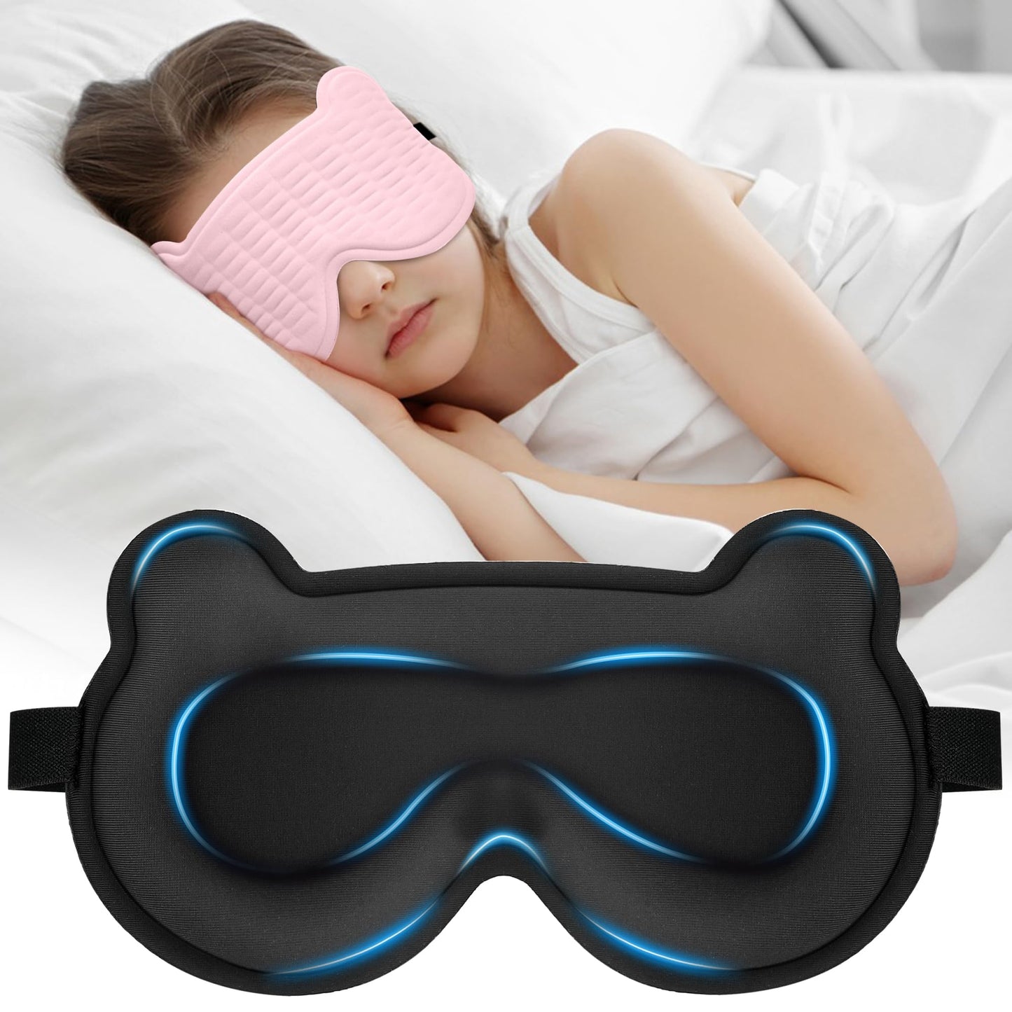 3D Kids Sleep Mask – Cute Bear Eye Mask for Sleeping, Comfortable Memory Foam Sleep Mask for Kids, Adjustable Strap and Lightweight Sleeping Mask for Boys Girls Teens Ages 5-15 (Light Pink)