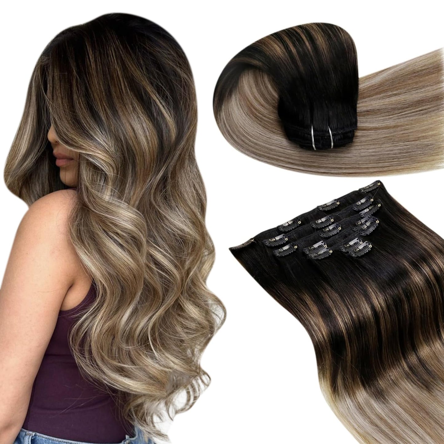 LaaVoo Clip in Hair Extensions 24 Inch Hair Extensions Clip ins Real Human Hair Ombre Black to Light Brown Balayage Blonde 140g
