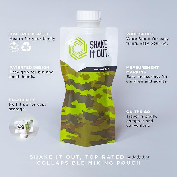 Shake It Out® is the on-the-go beverage container, better mixing, better tasting experience, disposable/recyclable. Compact, flexible design completely dissolves powder Supplements. (Camo, 7 Pack)