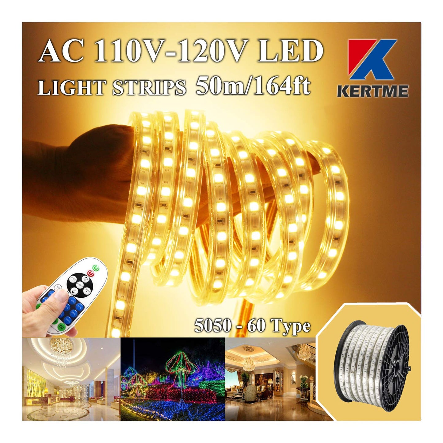 Kertme 5050-60 Led Strip Lights, 50M Warm White, Waterproof, Dimmable With Remote, Flexible Rope Light For Home/Garden Decoration