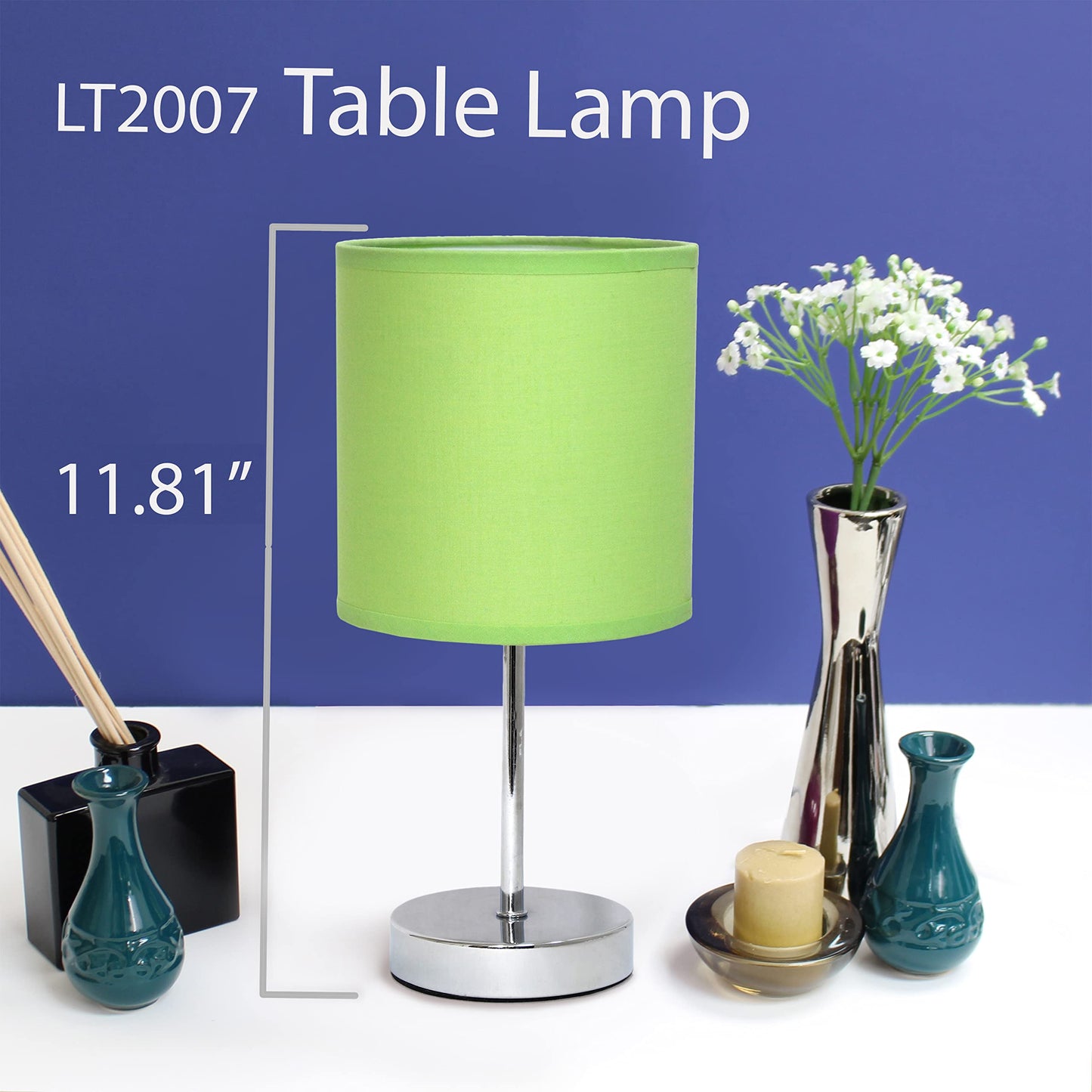 Simple Designs Lt2007-Grn Mini Table Lamp, Green Fabric Shade, Metal, No Bulb