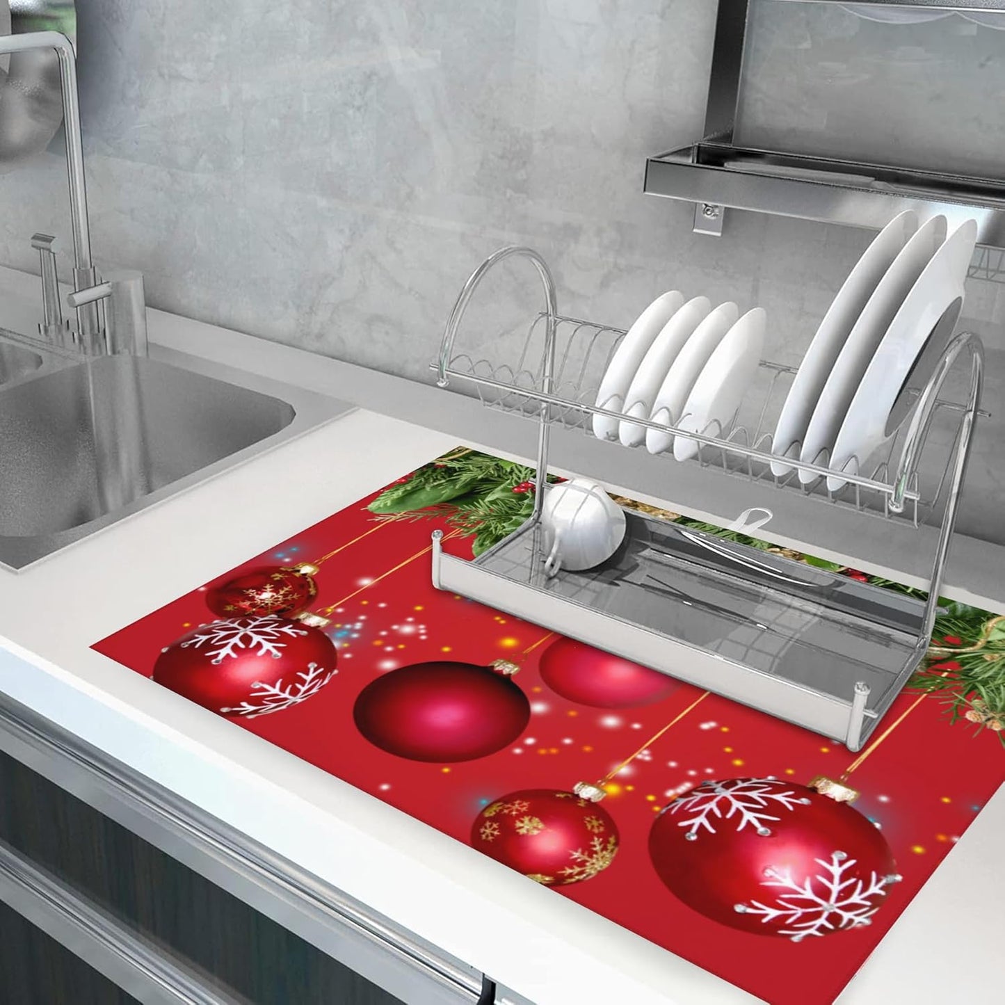 Large Dish Drying Mat for Kitchen Counter,Christmas Tree and Red Balls Dish Drying Mat,Merry Christmas Dish Drainer Mat Drying Pad Super Absorbent Reversible Microfiber for Kitchen Coffee Bar 18"X24"