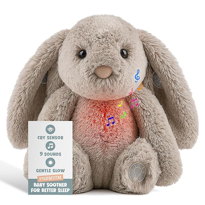 Gemma Joy Baby Sleep Soother Bunny for Baby – Cry Activated Heartbeat Stuffed Animal – Rechargeable Crib Soother with White Noise, Shush, Lullabies & Night Light – Newborn Essentials Must Haves