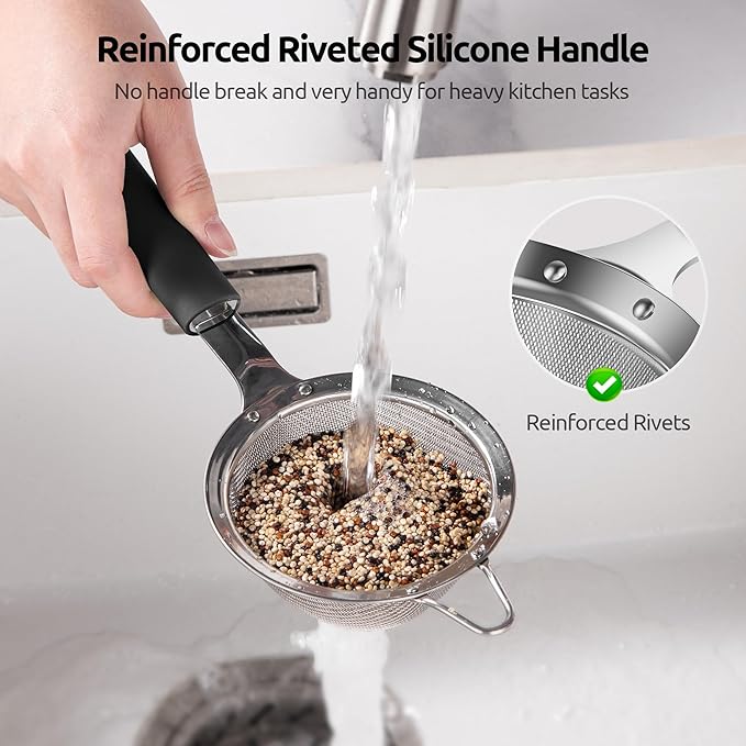 U-Taste Fine Mesh Food Strainer: 18/8 Stainless Steel 30 Mesh Kitchen Sieve with Sturdy Riveted Silicone Handle, Heavy Duty Deep Handheld Metal Colander (Small/3.35in+Medium/4.73, Black)