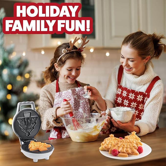 Christmas Tree Mini Waffle Maker- Make this Holiday Special for Kids w Cute 4 Inch Waffler Iron, Electric Non Stick Breakfast Appliance for Xmas Season, Festive Gift or Cute Dessert, Treat for Santa