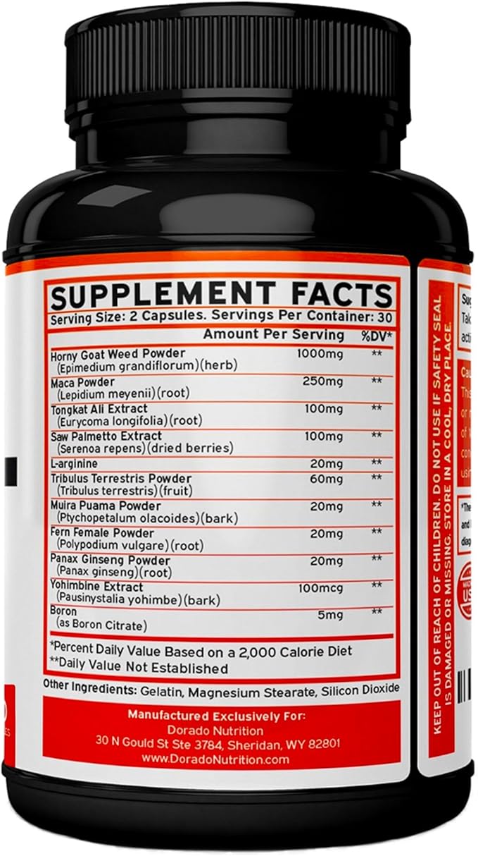 Horny Goat Weed For Men and Women - [Maximum Strength 1590mg] - Maca, Ginseng, L-Arginine, Tribulus - Premium Hornygoatweed - Icariin Epimedium - 3rd Party Tested - USA Made - 60 Count