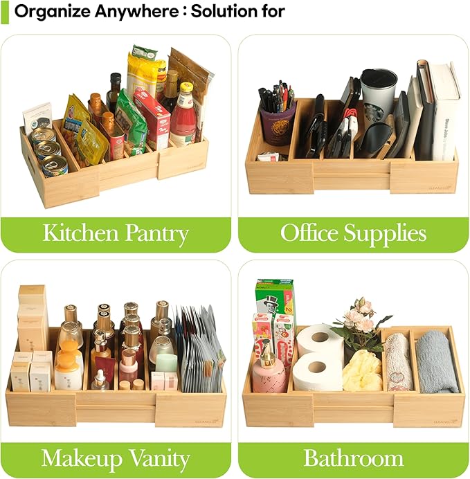 Expandable Kitchen Cabinet Organizer for Food Storage Container Lids, Bamboo Drawer Caddy Adjustable Dividers, Box for Kitchen Storage and Organization, Lids Organizer for Cabinet (Natural)