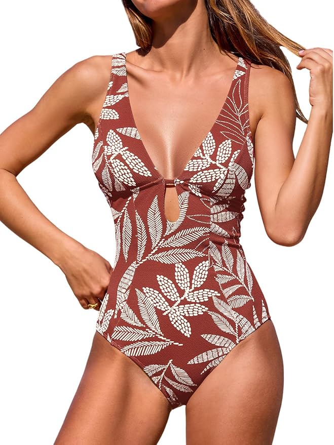CUPSHE Women's One Piece Swimsuit Deep V Neck Keyhole Cutout O Ring Textured Bathing Suit